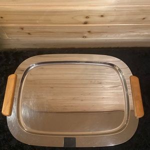 Vintage Stainless Steel Serving Tray Wood Handles